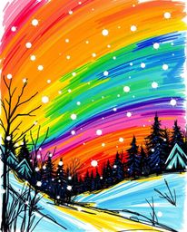 This hand-drawn sketch, created in a lively Color sketchnote style, depicts snowflakes falling during a vibrant sunset. The a