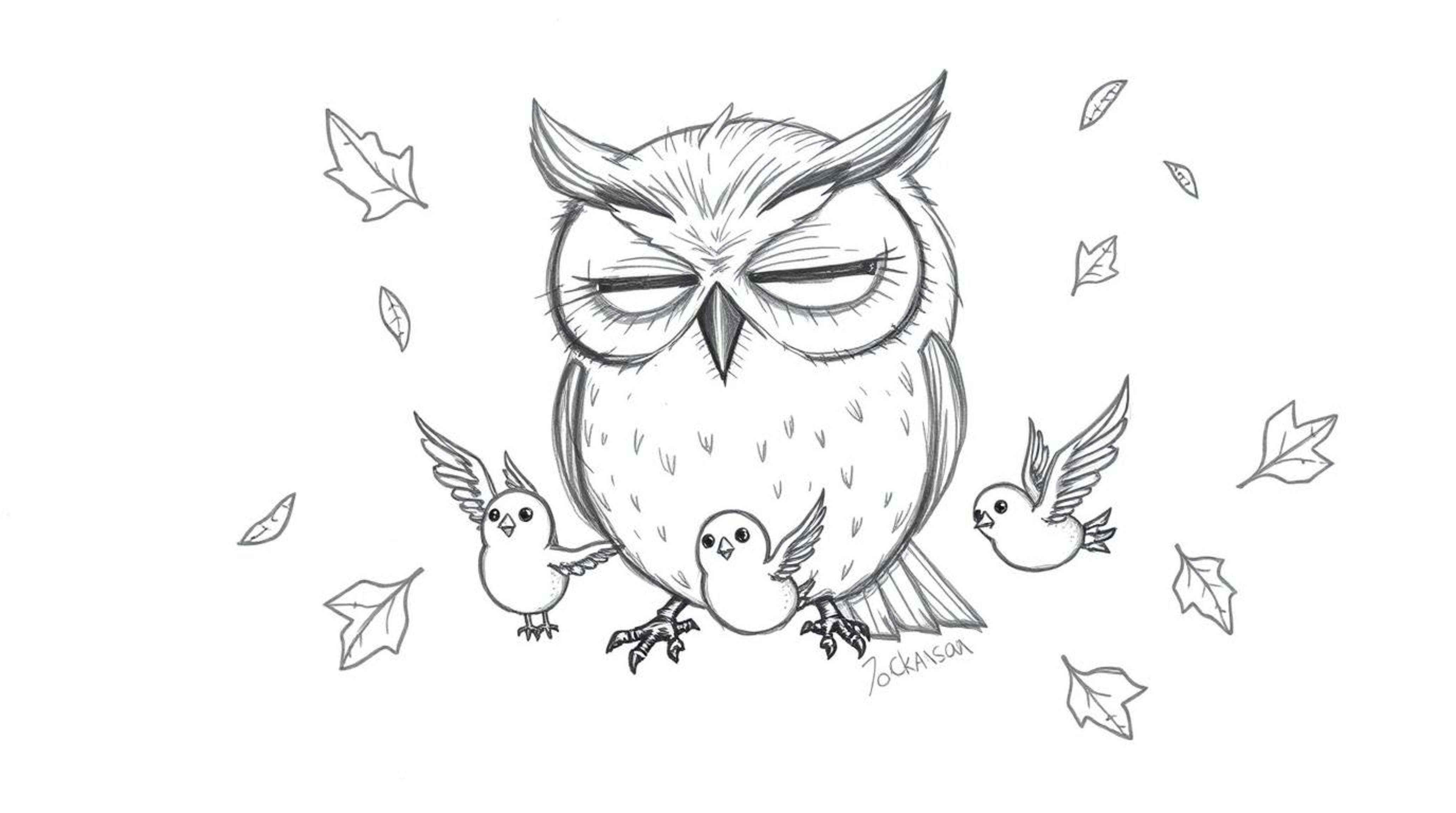 A charming, hand-drawn sketch in the style of Pixar depicts a blind owl, its closed eyes surrounded by expressive wrinkles. T