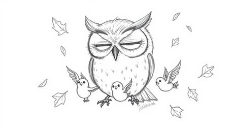 A charming, hand-drawn sketch in the style of Pixar depicts a blind owl, its closed eyes surrounded by expressive wrinkles. T