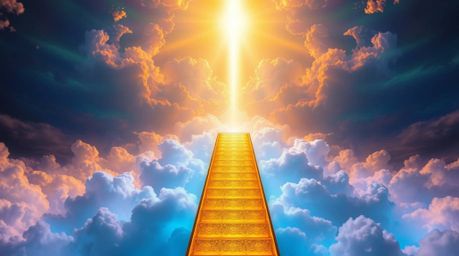 A breathtaking, surreal image depicts a bioluminescent golden staircase ascending through ethereal clouds towards a glowing h