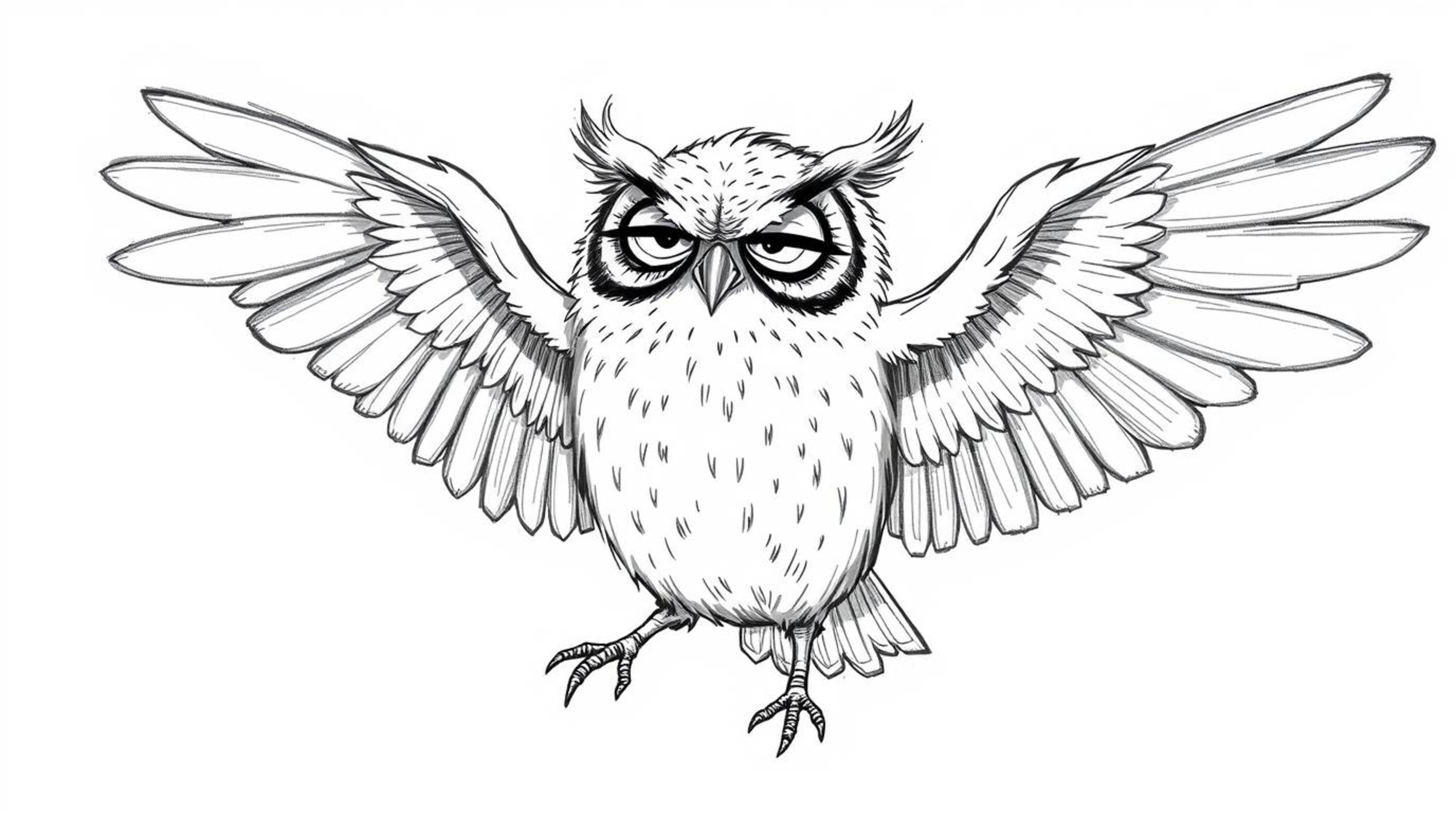 A captivating hand-drawn sketch in the style of Pixar, depicting a wise, blind owl with wrinkled features and outstretched wi