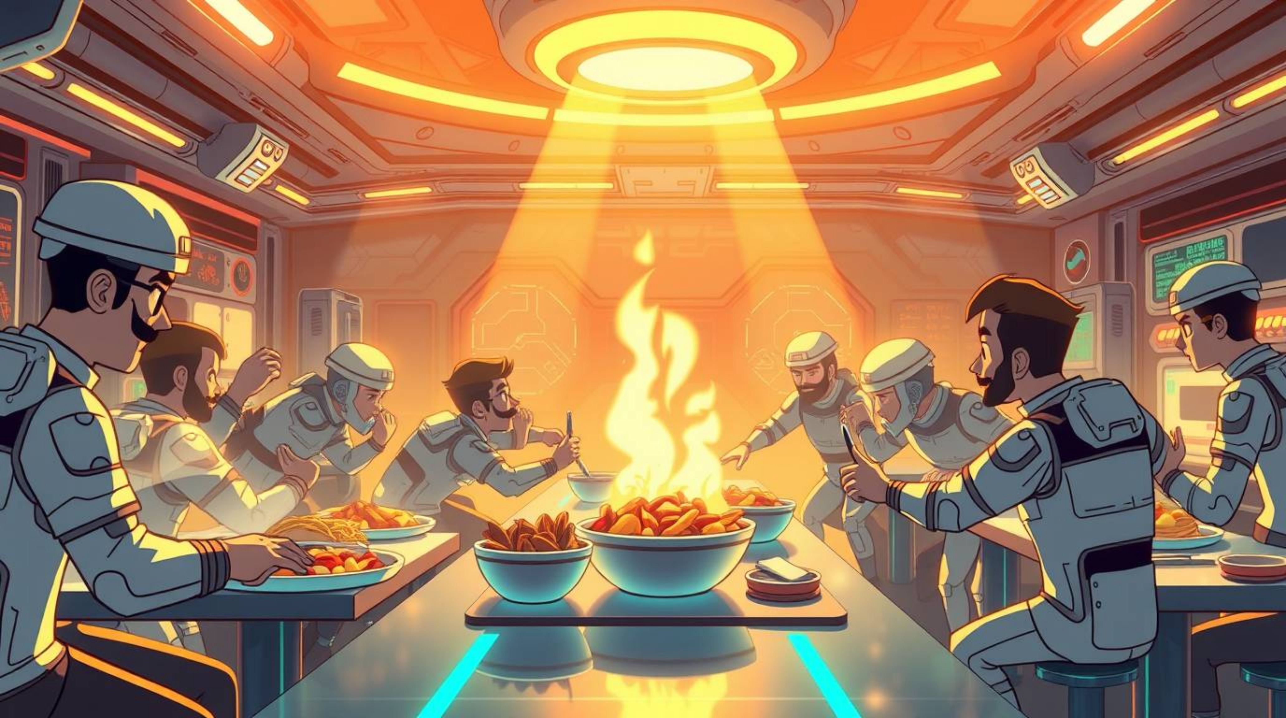 Witness a chaotic yet radiant food fight in a futuristic, sci-fi themed cartoon cafeteria. Bathed in a warm, golden glow eman