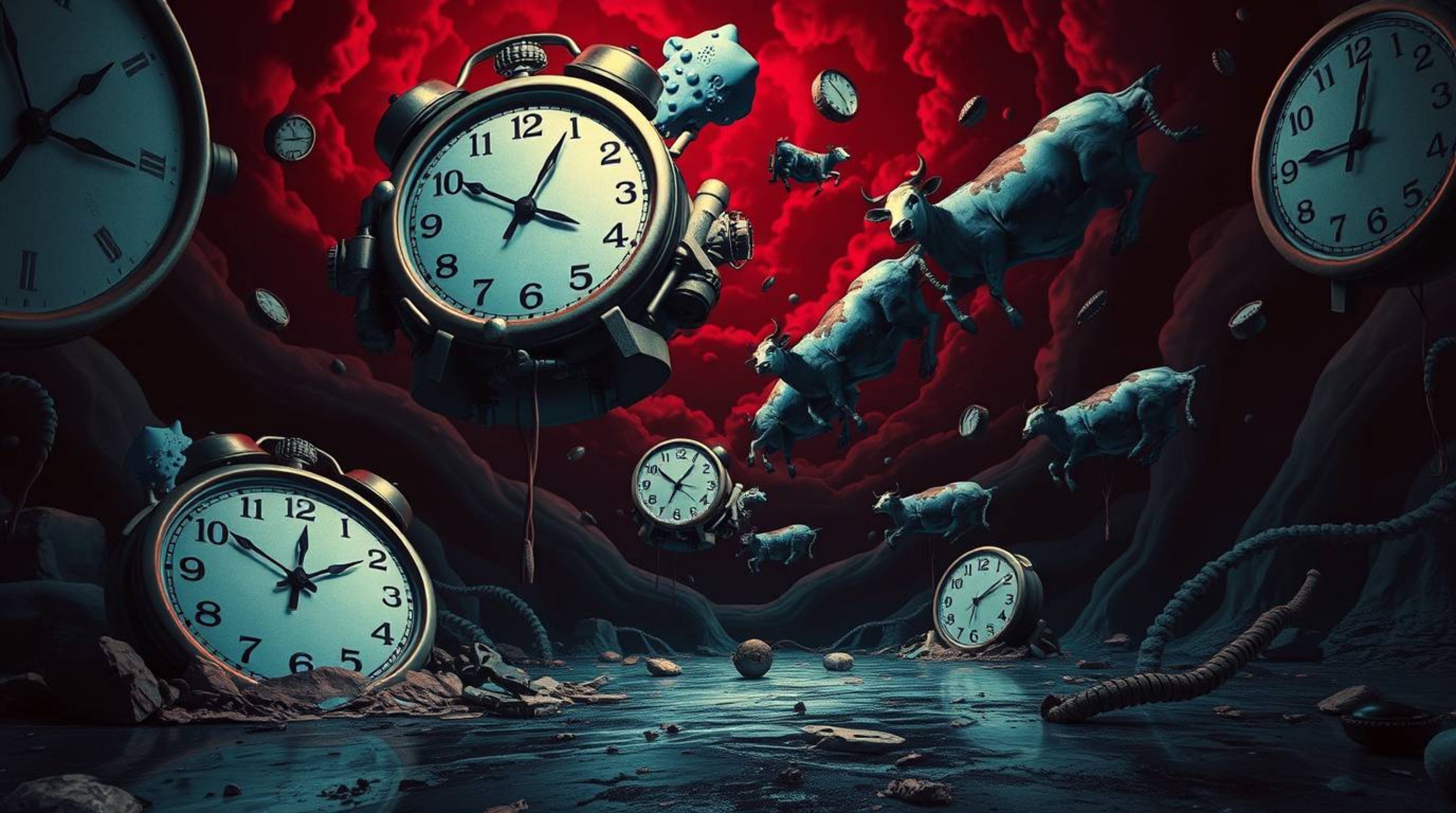 Experience a surreal dreamscape featuring melting clocks and floating cows, captured from a low-angle perspective. This artwo