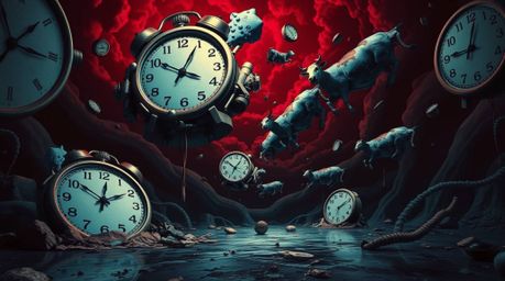 Experience a surreal dreamscape featuring melting clocks and floating cows, captured from a low-angle perspective. This artwo
