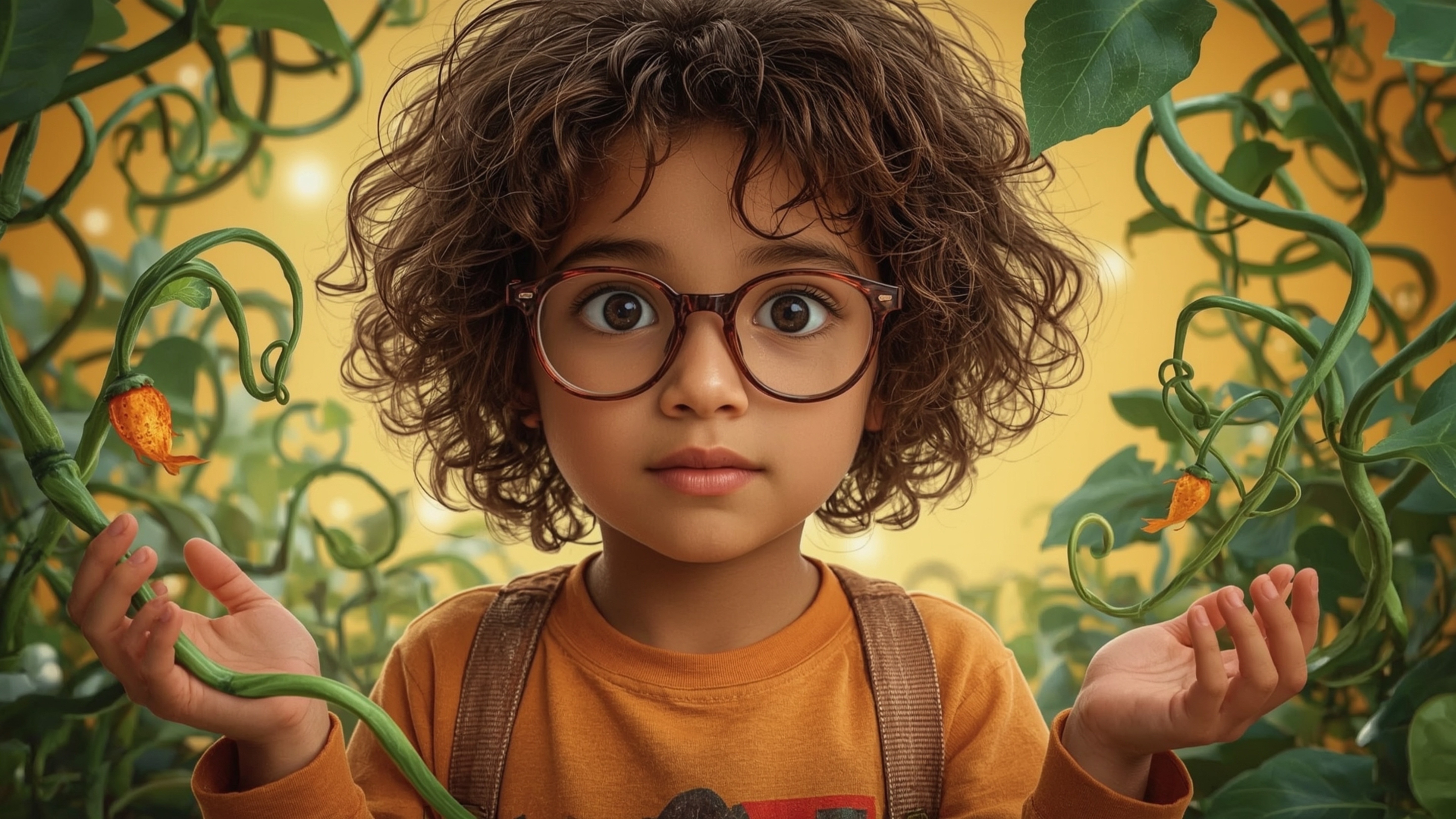 A highly detailed, high-resolution stock photo shows a bright-eyed, homeschooled genius with curly hair and thick-rimmed glas