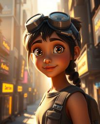 This showcases a Pixar-style rendering of a young inventor girl with bright eyes and tan skin, set against the backdrop of a 