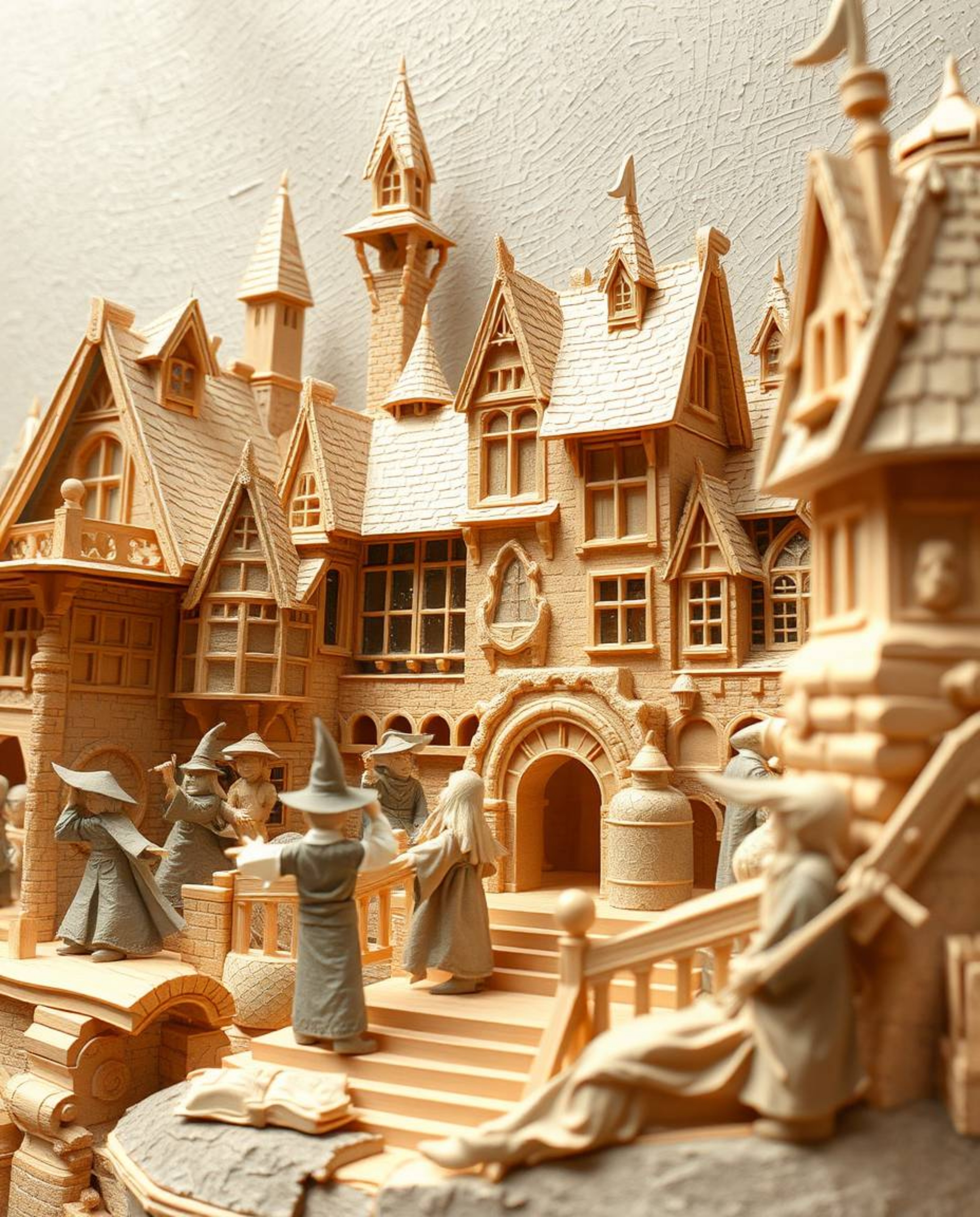 Explore a dynamic, layered papier-mâché sculpture depicting a magical school bustling with young wizards. This textured artwo