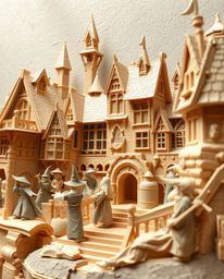 Explore a dynamic, layered papier-mâché sculpture depicting a magical school bustling with young wizards. This textured artwo
