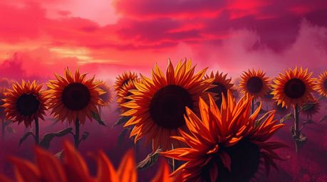 A stunning digital sketch depicting an extreme close-up of a sunflower field bathed in the ethereal glow of a deep red and pu
