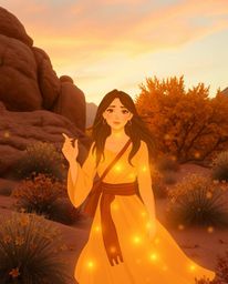 Embark on a mystical desert adventure with a brave Disney-style hero.  Experience ethereal spiritual vibes, warm autumn color