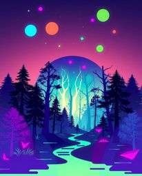 This modern flat design showcases a captivating surreal forest scene, enhanced with glowing bioluminescent colors and a mesme