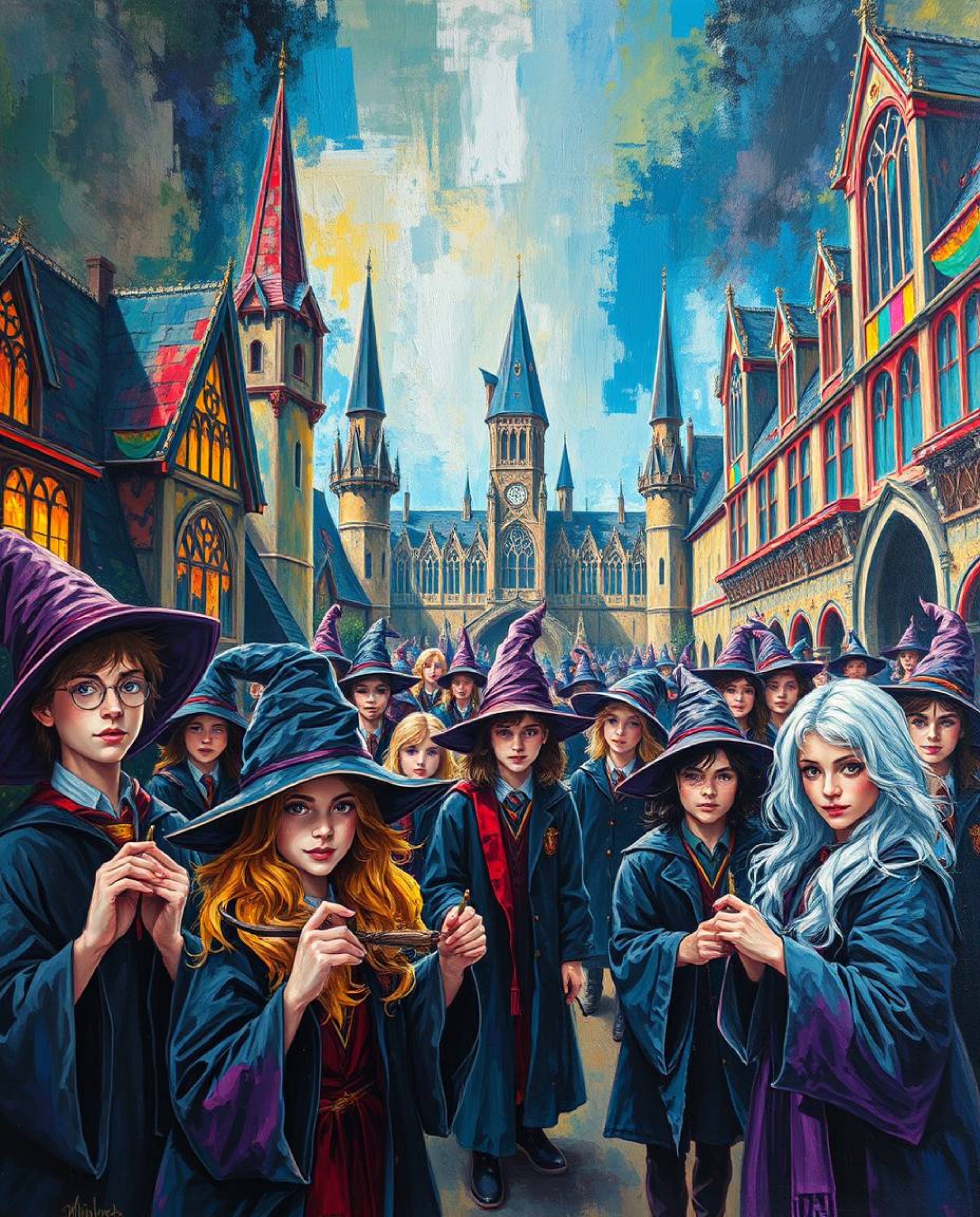Discover a captivating acrylic painting depicting a magical school brimming with young wizards.  The artwork showcases bold, 