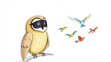A heartwarming hand-drawn sketch in the style of Pixar depicts a blind owl with soft, feathery textures, gently teaching a cl