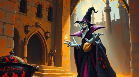 A bold and vibrant acrylic painting depicts a classic Disney villain conjuring a spell within the aged walls of an old castle