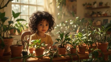 In a warmly lit, cinematic photograph, a bright-eyed, curly-haired young homeschooled genius sits at her cluttered wooden des