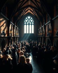 A captivating architectural photograph showcases a magical school teeming with young wizards, brought to life by strong, hard