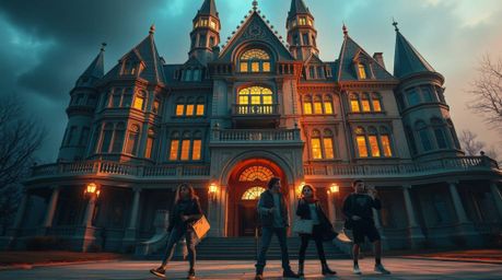 Experience the thrill of a grand, futuristic haunted mansion captured in a precise architectural color photograph. This wide-