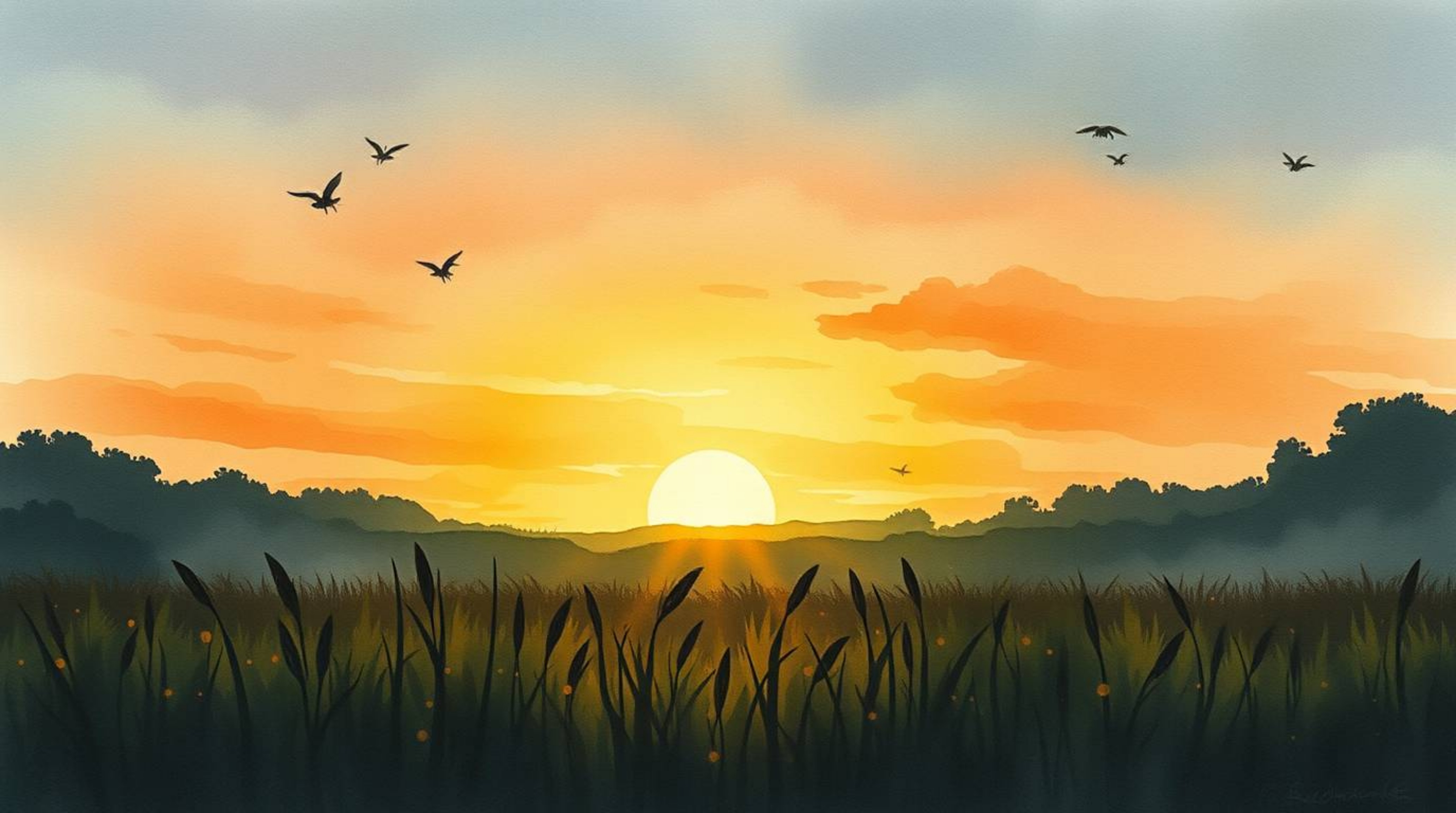 This watercolor painting captures a breathtaking sunset over a tranquil meadow, where fireflies begin to emerge, creating an