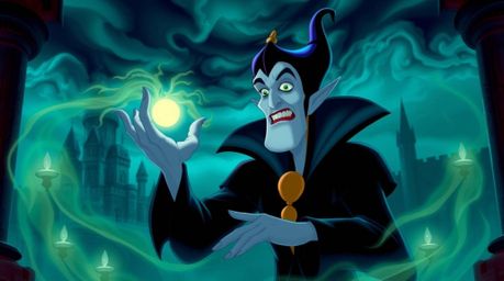 A classic Disney villain with sharp features casts a spell within a grand, gothic castle. Rendered in a classic Disney style,