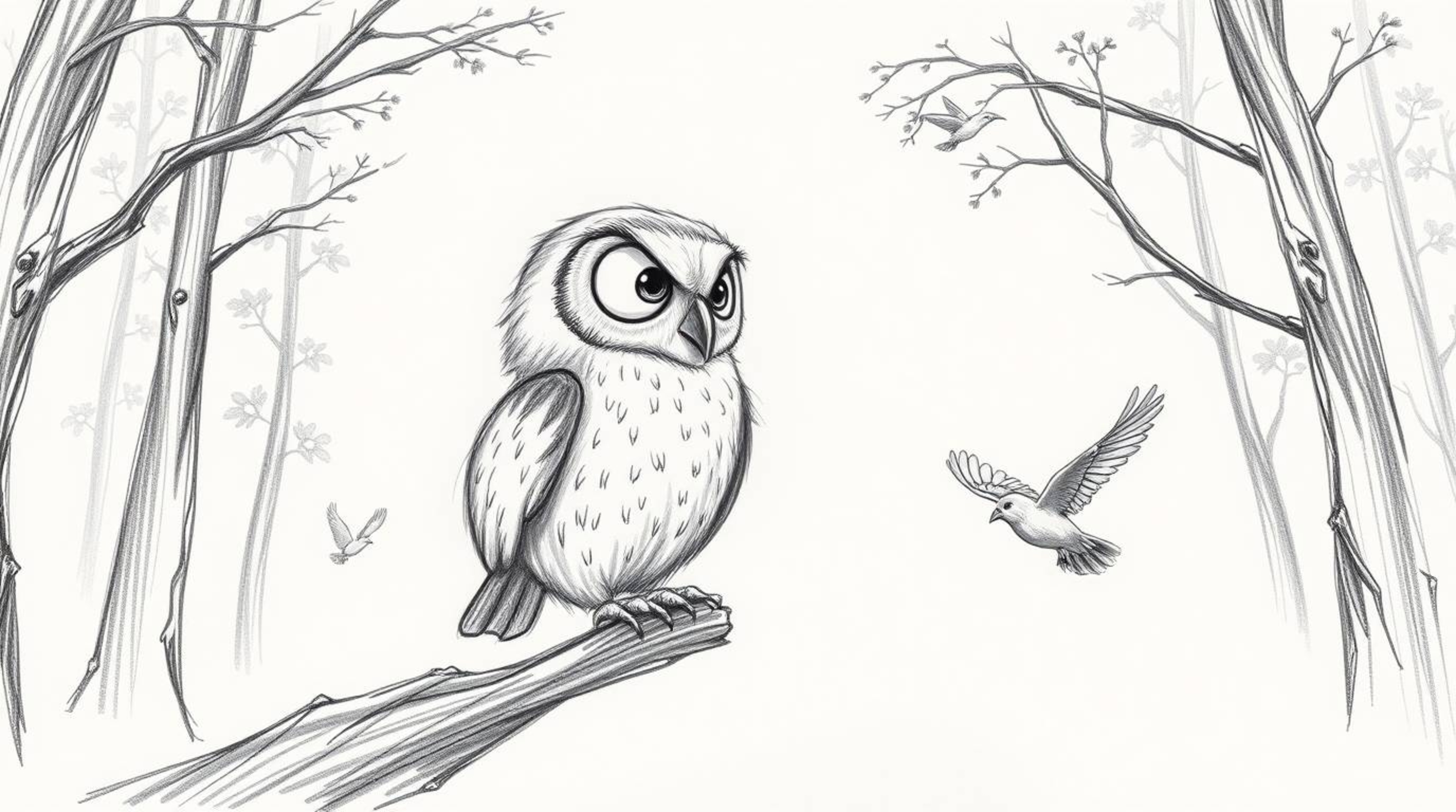 A heartwarming hand-drawn pencil sketch depicts a wise, blind owl patiently teaching small birds to fly in a sun-dappled fore