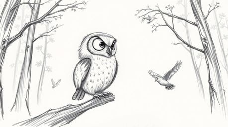 A heartwarming hand-drawn pencil sketch depicts a wise, blind owl patiently teaching small birds to fly in a sun-dappled fore