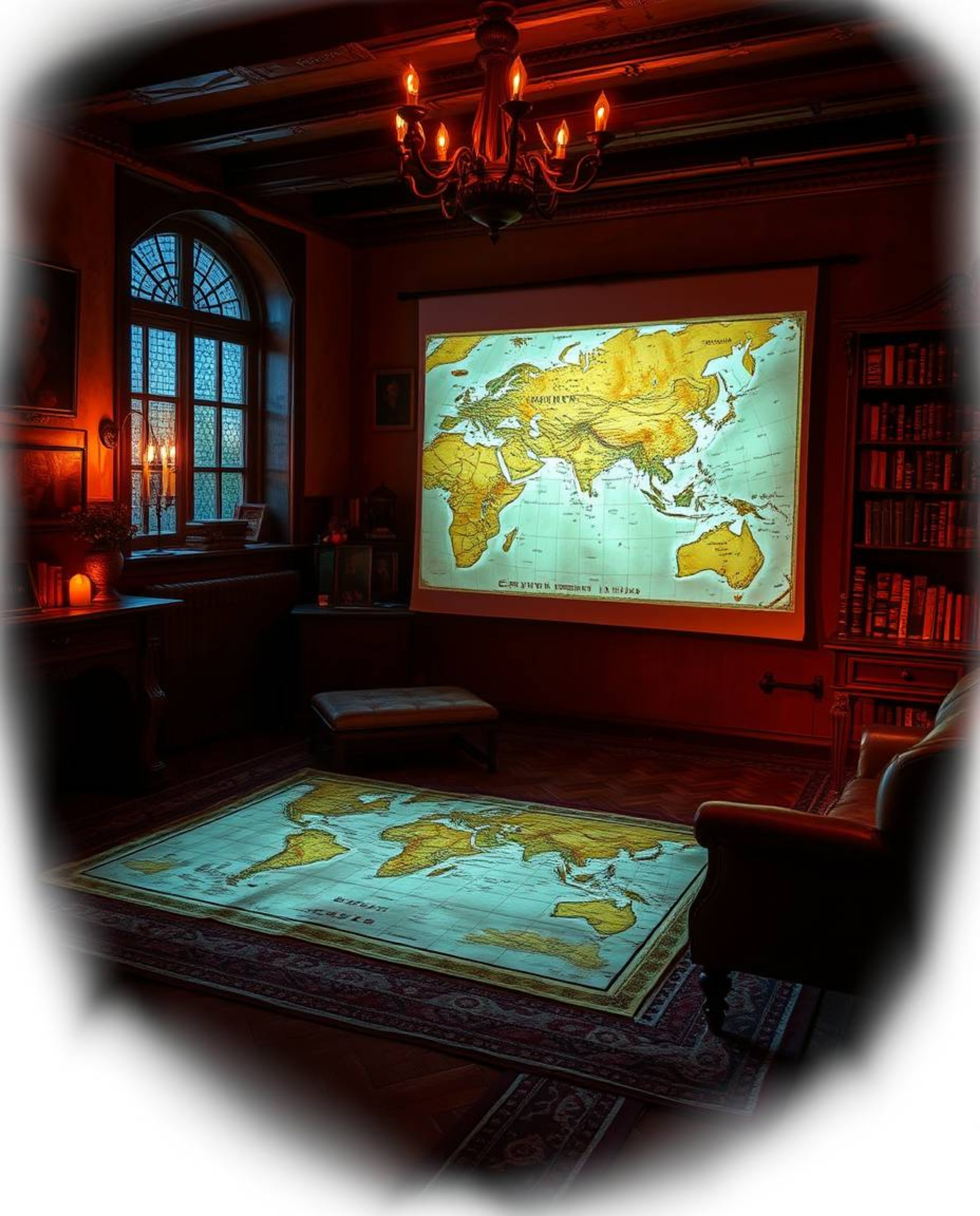 A captivating image of a glowing map projected onto a wall within a cozy, candlelit old study.  The flickering flames cast a 