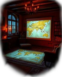 A captivating image of a glowing map projected onto a wall within a cozy, candlelit old study.  The flickering flames cast a 