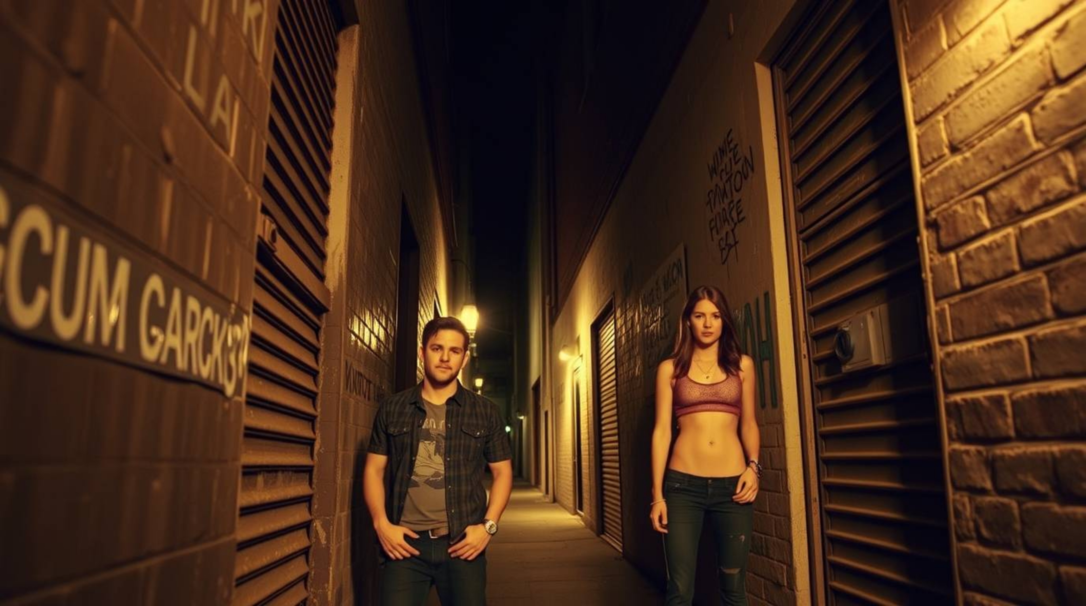 A high-angle, soft, warm-toned professional photograph capturing the essence of a grungy city alley populated by rebellious t