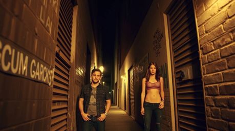 A high-angle, soft, warm-toned professional photograph capturing the essence of a grungy city alley populated by rebellious t