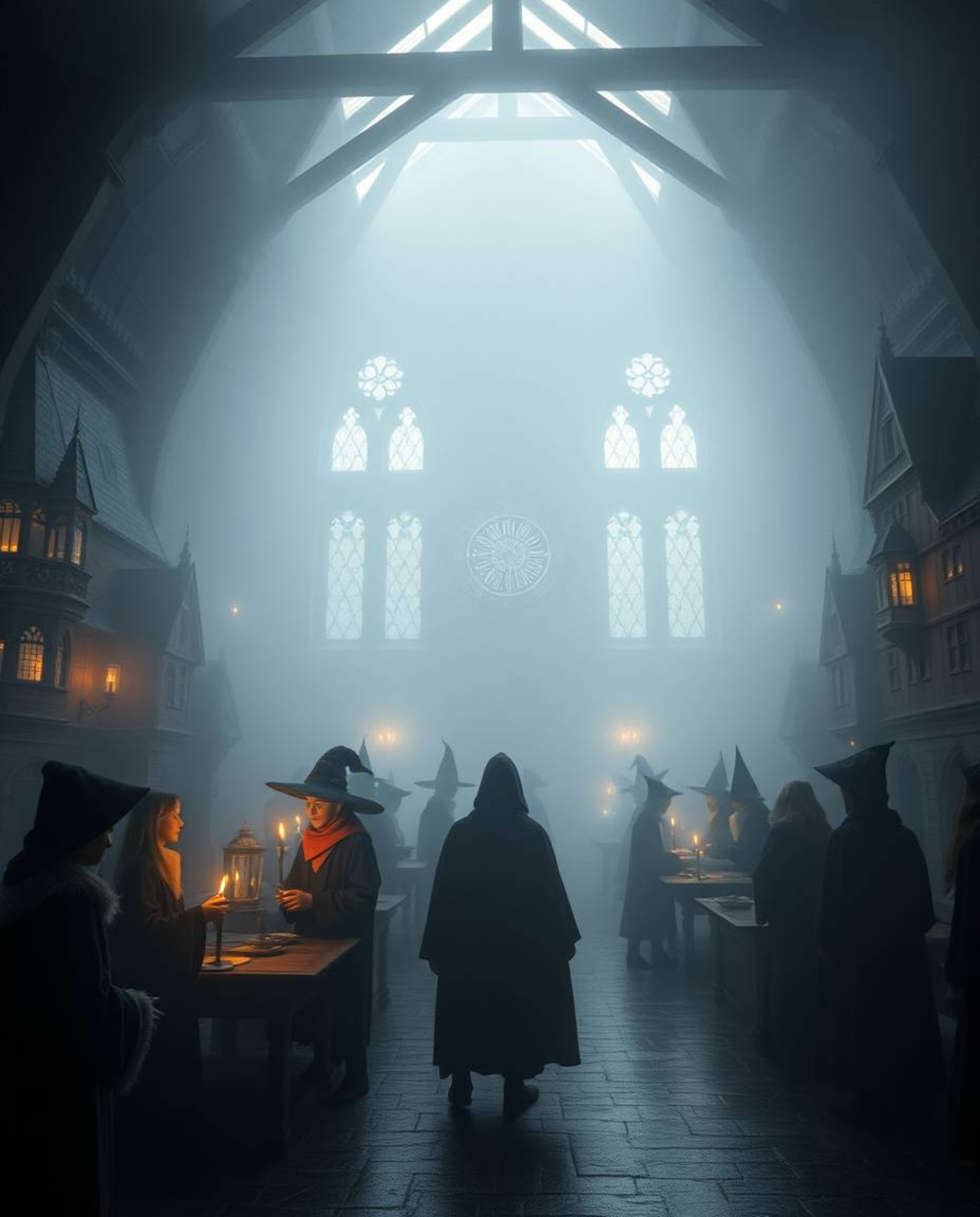Explore a magical school teeming with young wizards, nestled within a dense, foggy environment. The low visibility creates a 