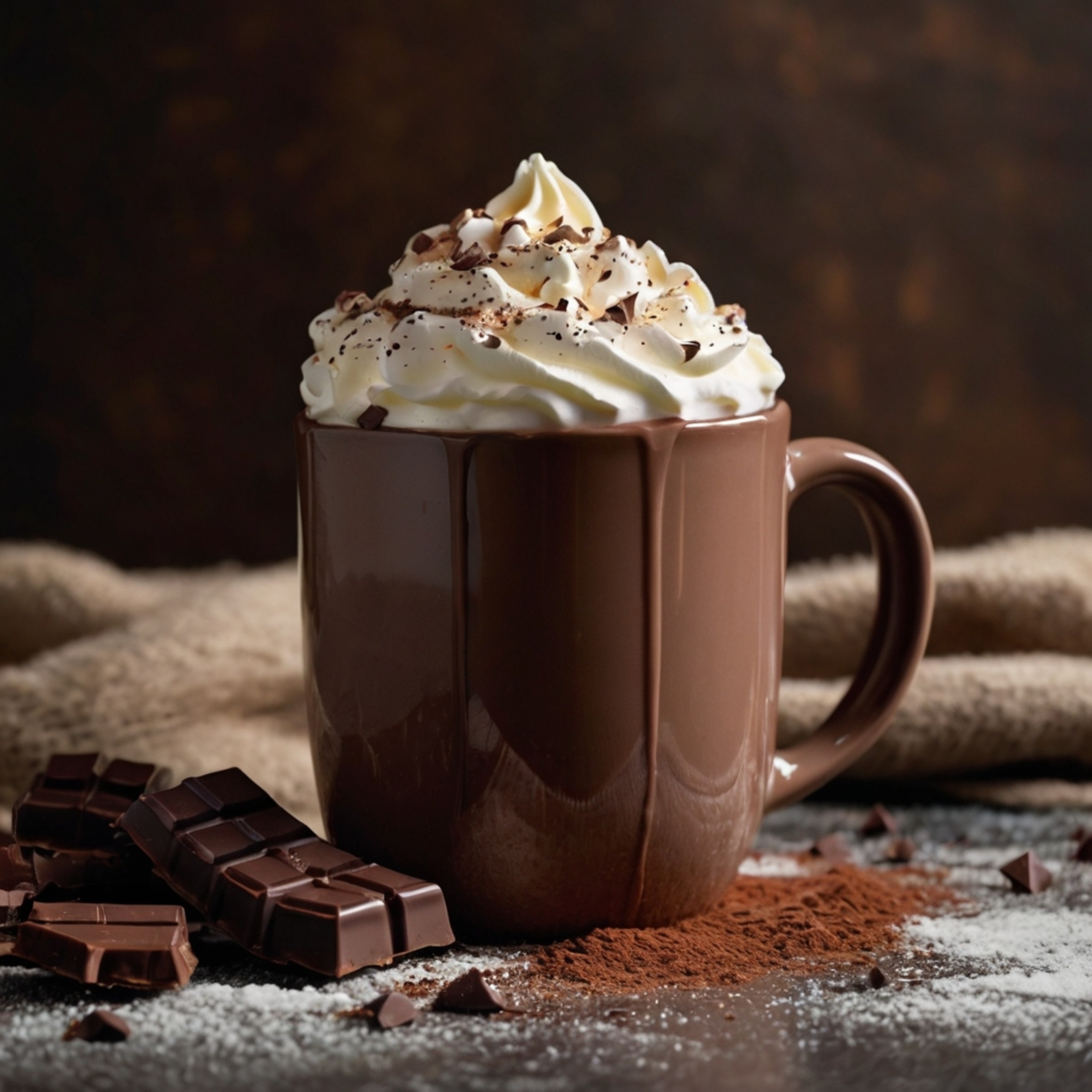 Enjoy a comforting and delightful treat with a ceramic mug filled to the brim with rich hot cocoa. This warm beverage is gene