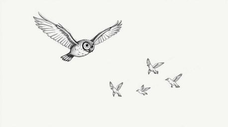 A captivating hand-drawn sketch reminiscent of Pixar animation, portrays a sightless owl soaring mid-flight.  This extraordin