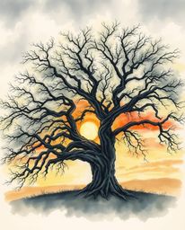 A delicate watercolor painting captures a sunset behind an old oak tree with twisted branches amidst intense, dramatic weathe