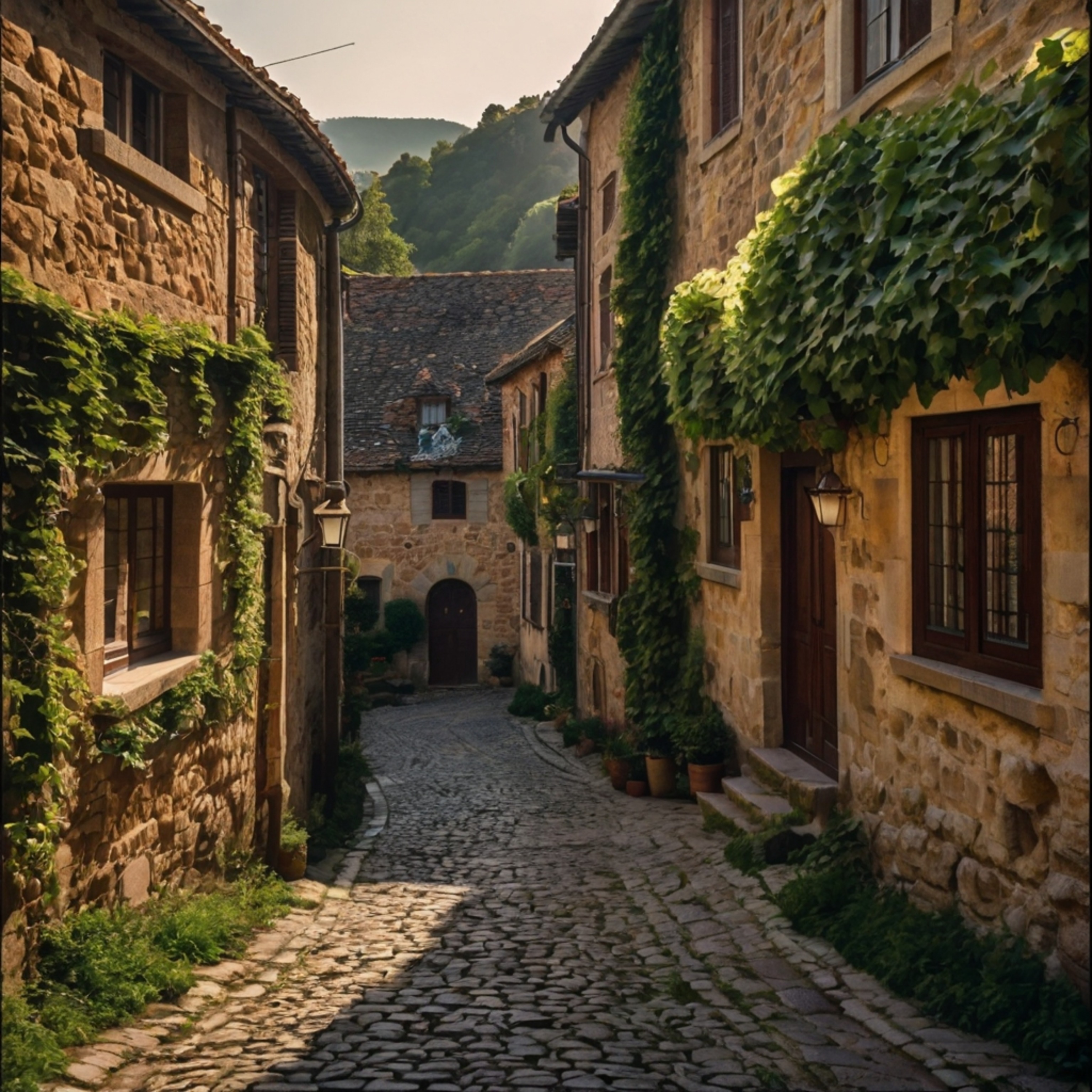 Explore the charm of a medieval village with its winding cobblestone streets. Picture quaint, ivy-covered cottages illuminate