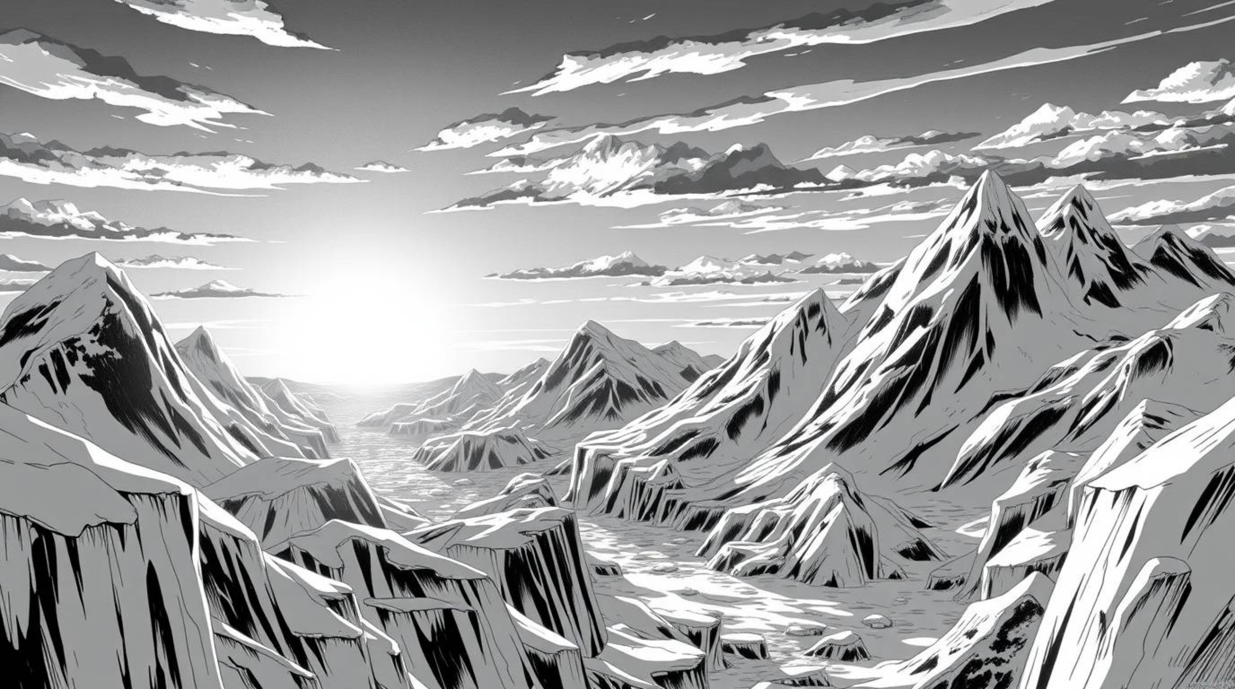 A captivating black and white Isekai anime-style illustration featuring an expressive composition that feels timeless and ele
