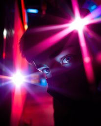 Experience the captivating scene of bright, vibrant colors punctuated by lens flare streaks, all focusing on eyes watching fr