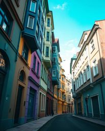 Experience a surreal street scene where buildings fold and twist in a captivating display of cool colors. This tight close-up