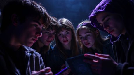 Experience the thrill of a group of teenagers unraveling mysteries within a chilling haunted mansion.  This captivating scene
