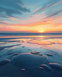 An elegant digital painting captures a sunset sky mirrored in tidal pools on a beach. This piece is defined by its graceful a