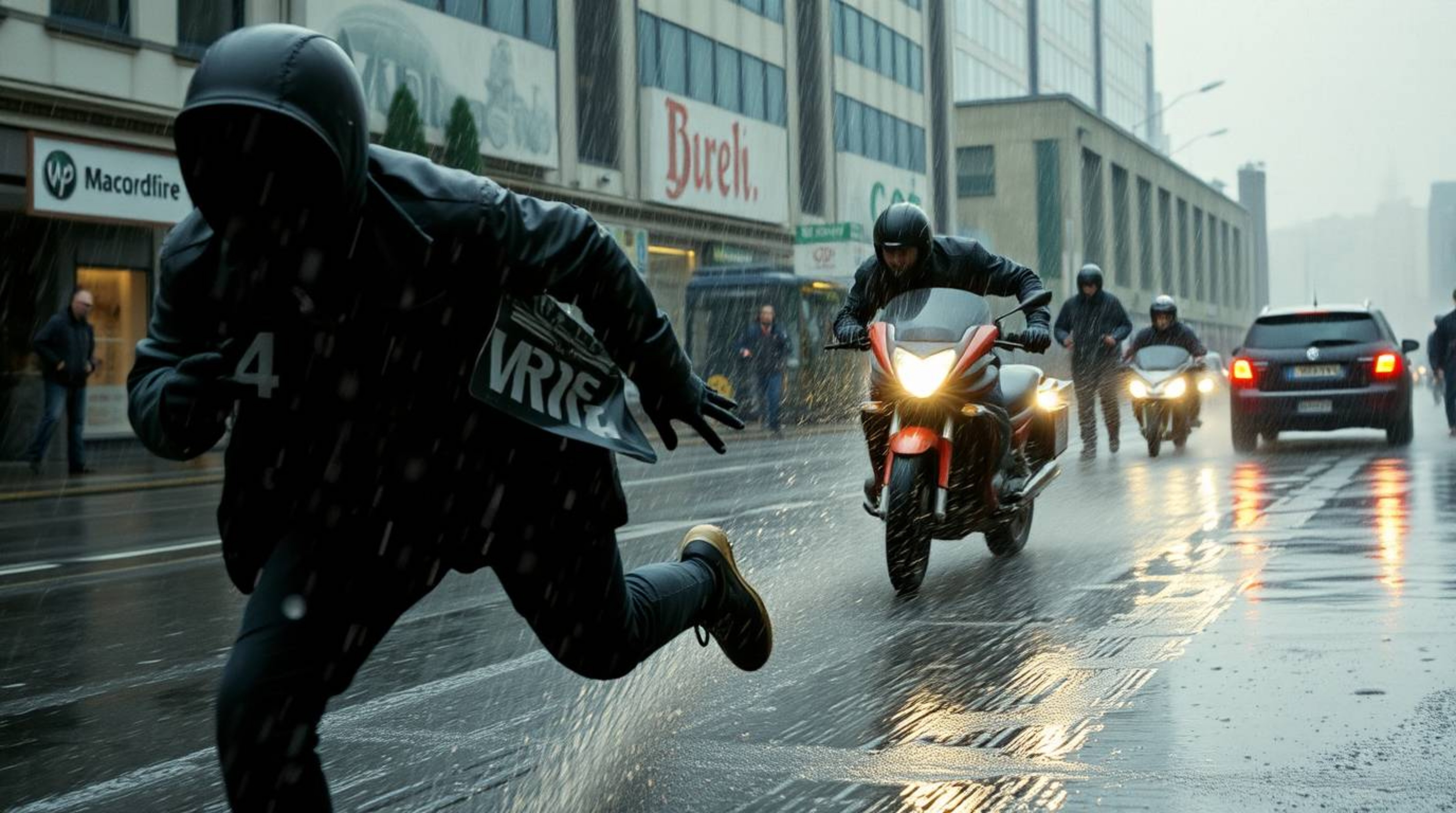 Experience a dramatic cinematic chase scene set against a wet, rainy backdrop. The action features exaggerated squash and str