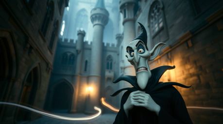 A classic Disney villain, characterized by exaggerated features and dark attire, is captured in a long-exposure photograph wi