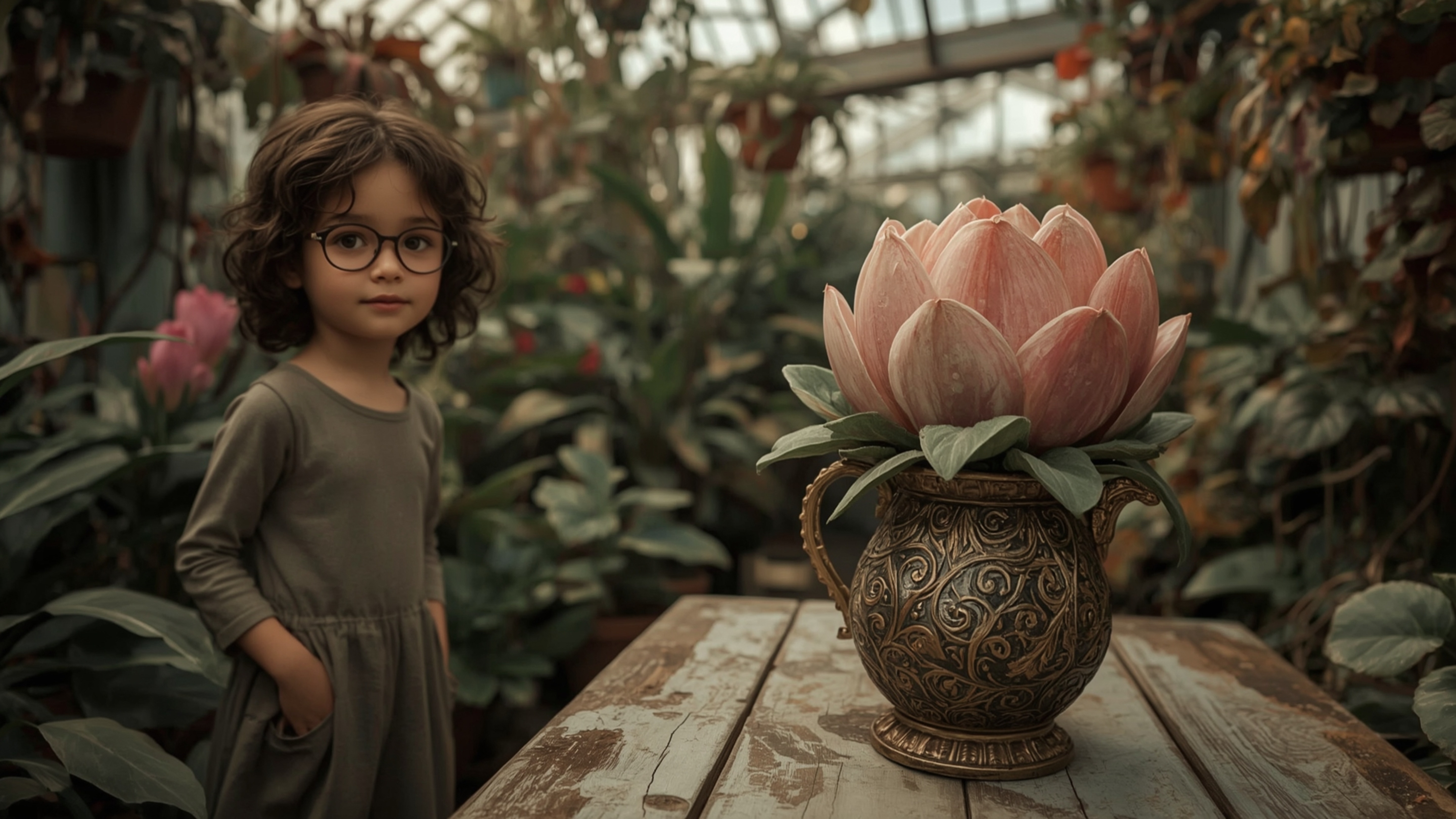 In a highly detailed, cinematic photograph with a whimsical, Pixar-inspired style, a bright-eyed, bespectacled young homescho