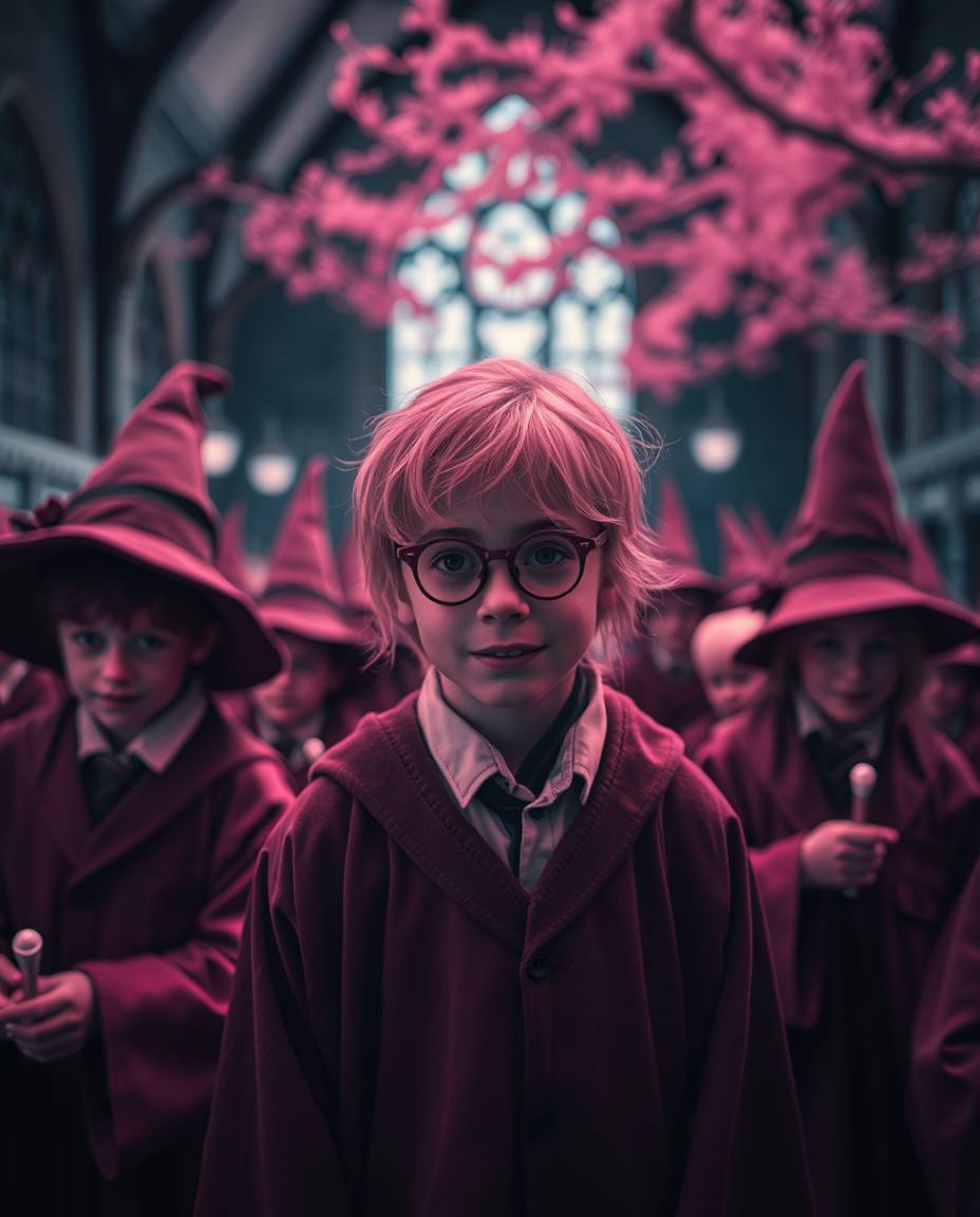 This image captures a magical school brimming with young wizards, rendered in surreal infrared tones and softened by a blurre