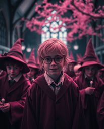 This image captures a magical school brimming with young wizards, rendered in surreal infrared tones and softened by a blurre