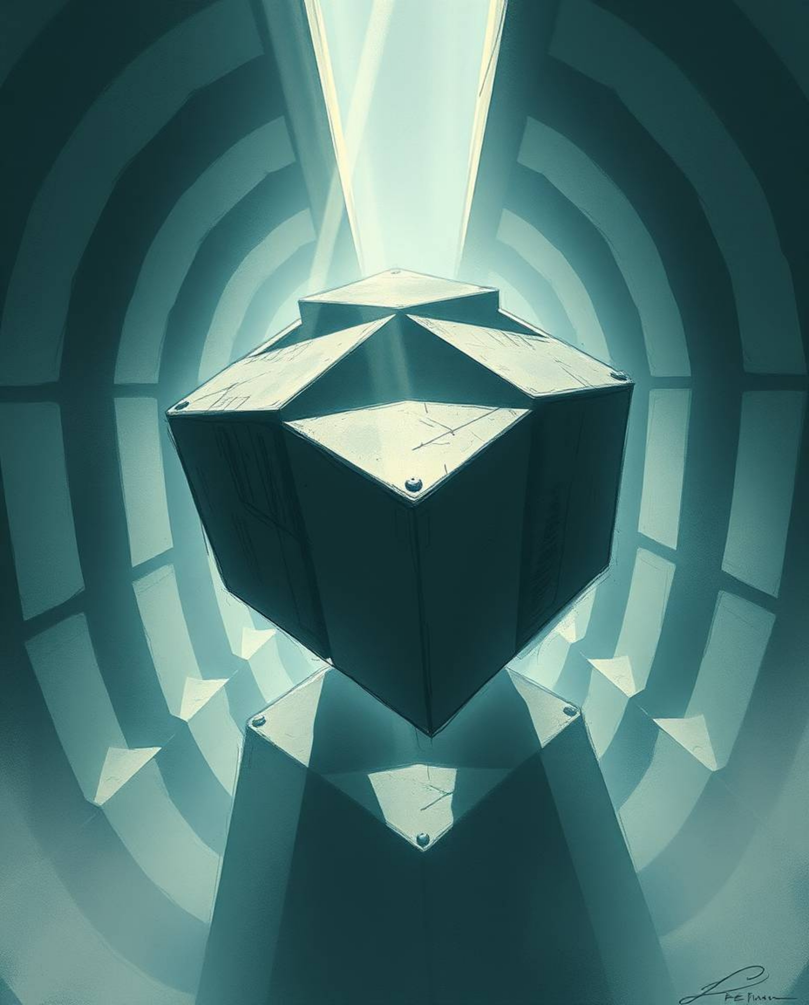A dramatic, cinematic digital sketch showcasing a repetitive cube pattern in the style of Escher's impossible geometry.  The 