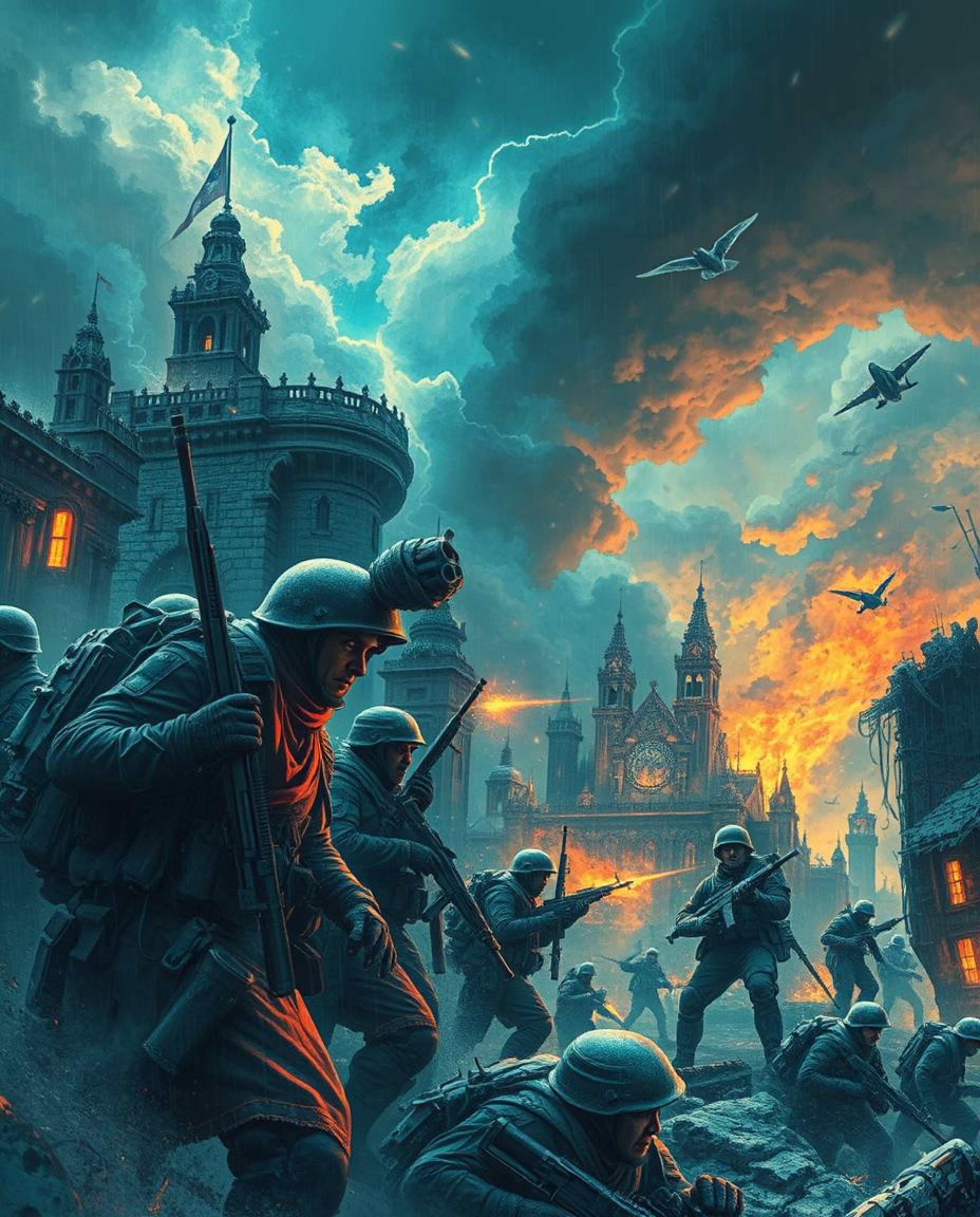 Experience the intensity of a battlefield where time-warped soldiers clash amidst crumbling buildings, rendered in electric v