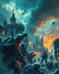 Experience the intensity of a battlefield where time-warped soldiers clash amidst crumbling buildings, rendered in electric v