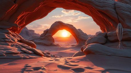 Capture the epic grandeur of a sunset viewed through a natural desert rock arch in this architectural photography masterpiece
