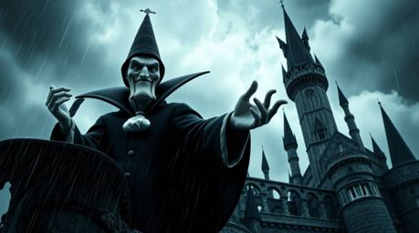 A captivating architectural photograph showcases a classic Disney villain with elegant features, casting a spell within an an