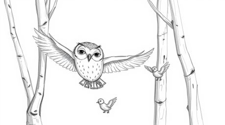 A charming hand-drawn sketch in the style of Pixar depicts a blind owl with soft, expressive features gracefully gliding betw